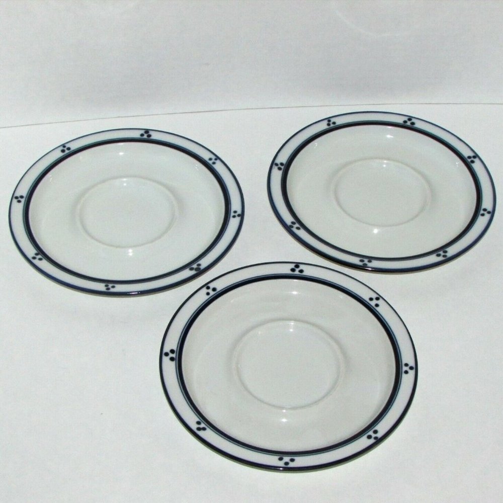 3 DANSK BISTRO FREDRIKSBORG Saucers Stoneware Blue Dots JAPAN for demitasse cup